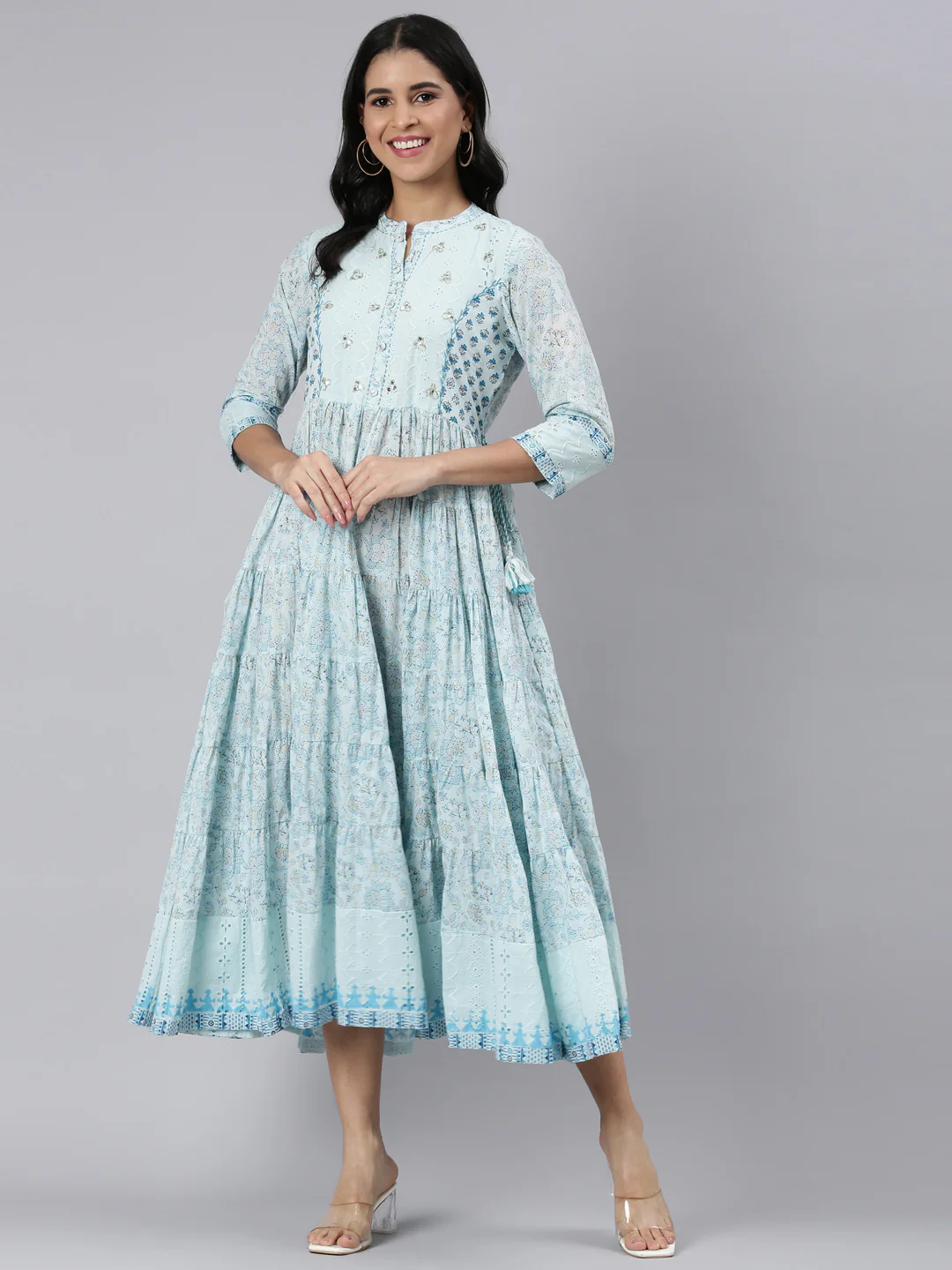 Neerus Blue Flared Casual Floral Fit and Flare Dresses - Image 5