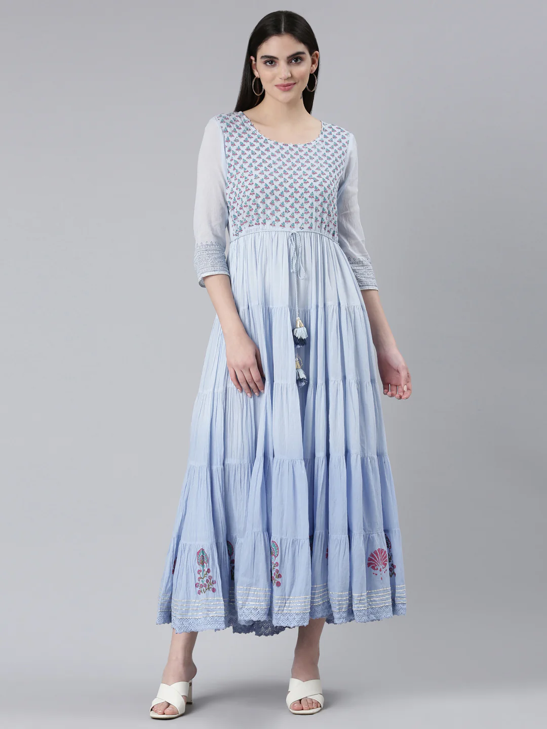 Neerus Blue Flared Casual Printed Dress