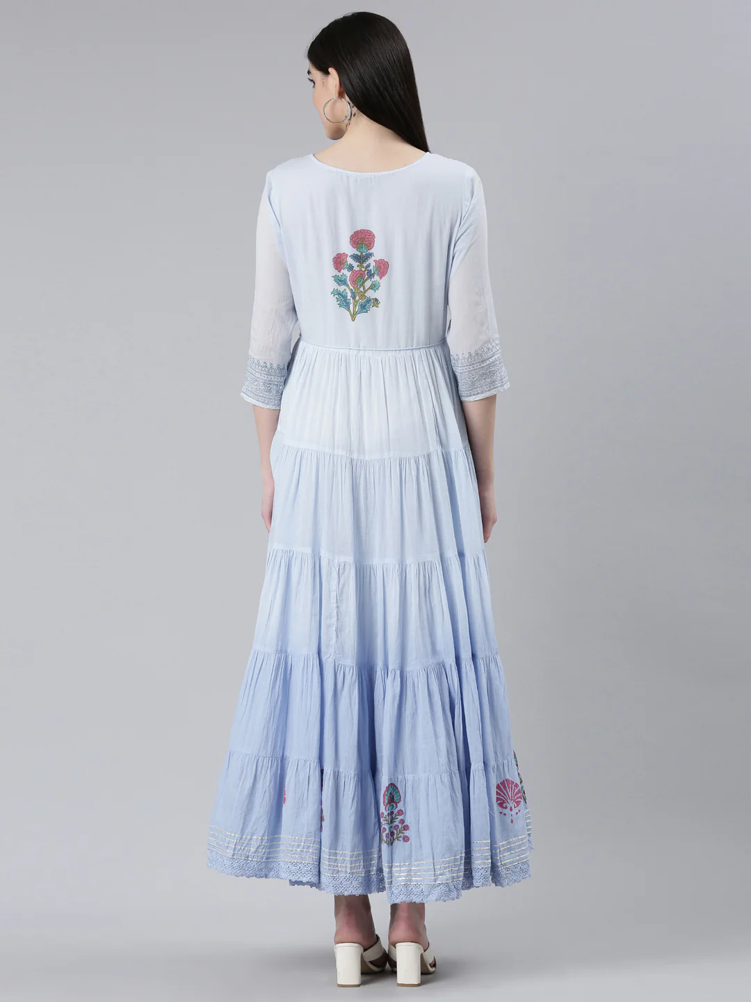 Neerus Blue Flared Casual Printed Dress - Image 3