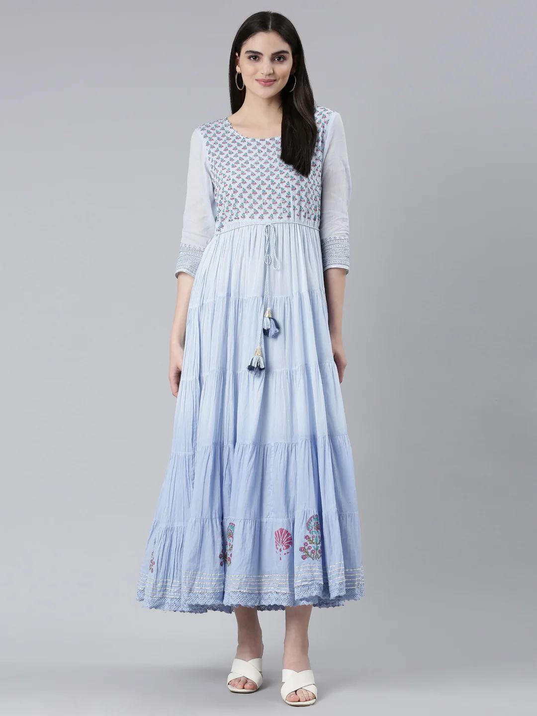 Neerus Blue Flared Casual Printed Dress - Image 5