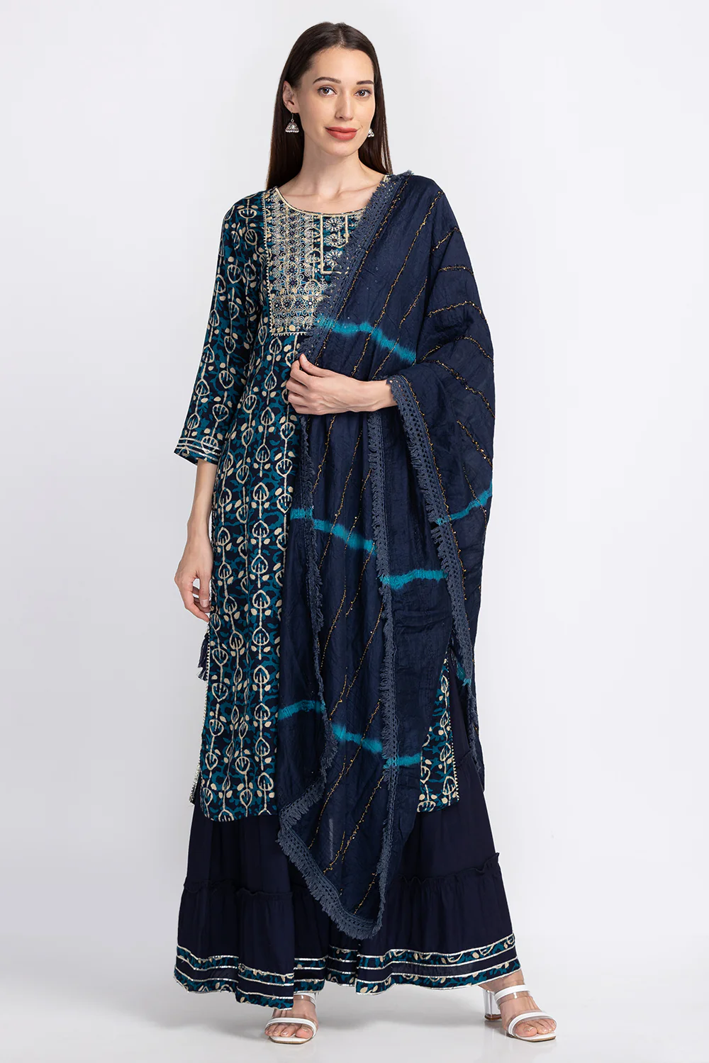 Neerus Blue Floral Embroidered Sequinned Kurta With Sharara Dupatta - Image 5