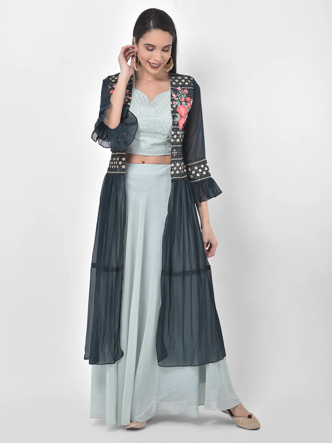 Neerus Blue & Green Embroidered Top & Skirt Set With Shrug