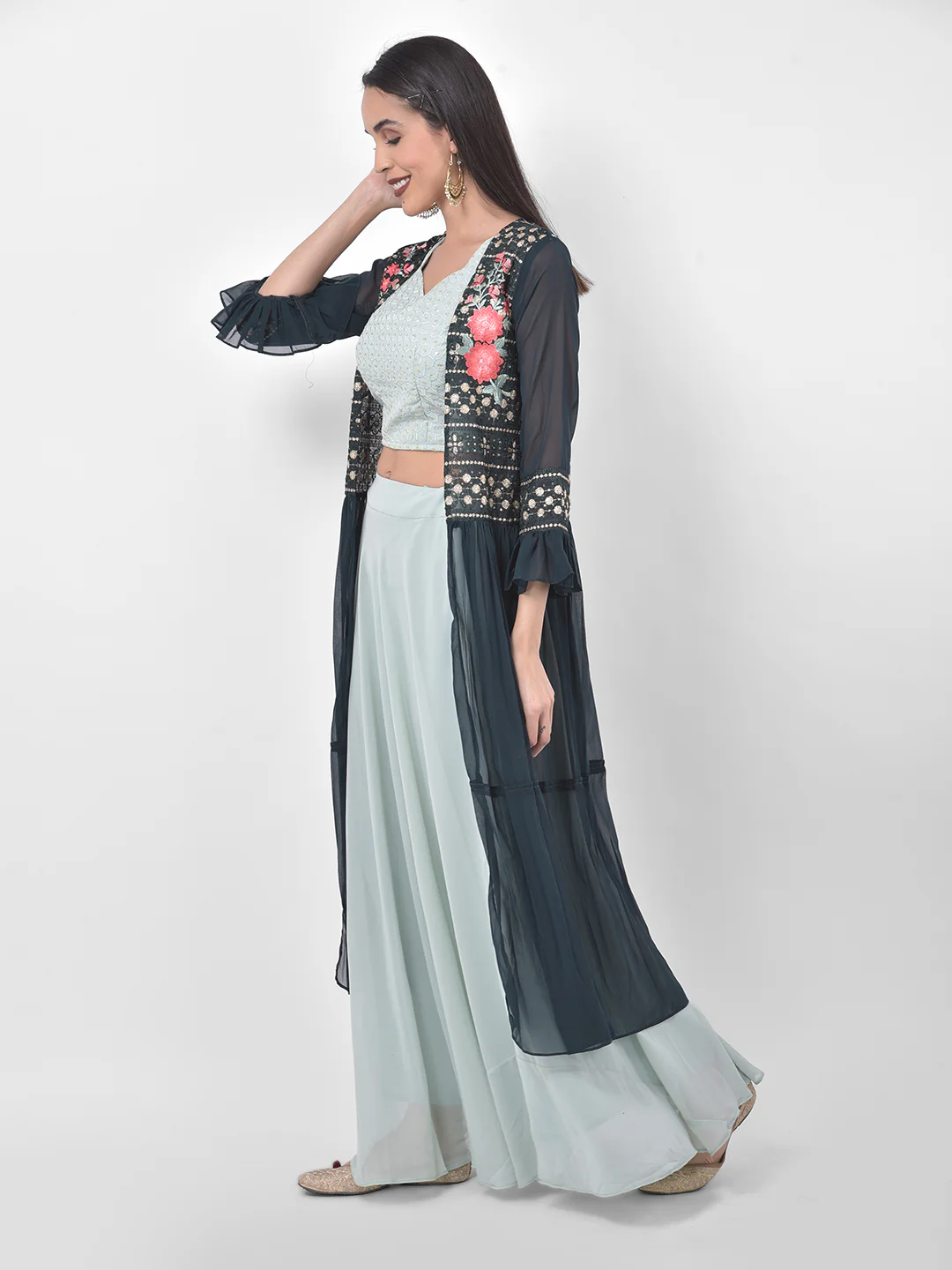 Neerus Blue & Green Embroidered Top & Skirt Set With Shrug - Image 3