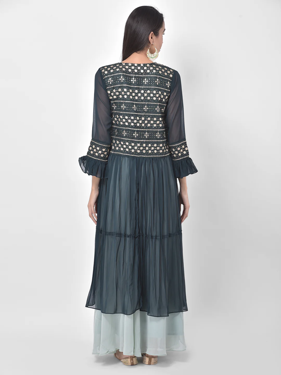 Neerus Blue & Green Embroidered Top & Skirt Set With Shrug - Image 4