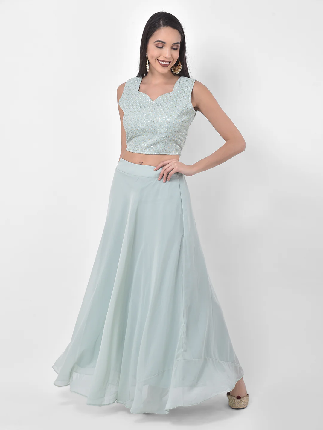 Neerus Blue & Green Embroidered Top & Skirt Set With Shrug - Image 6