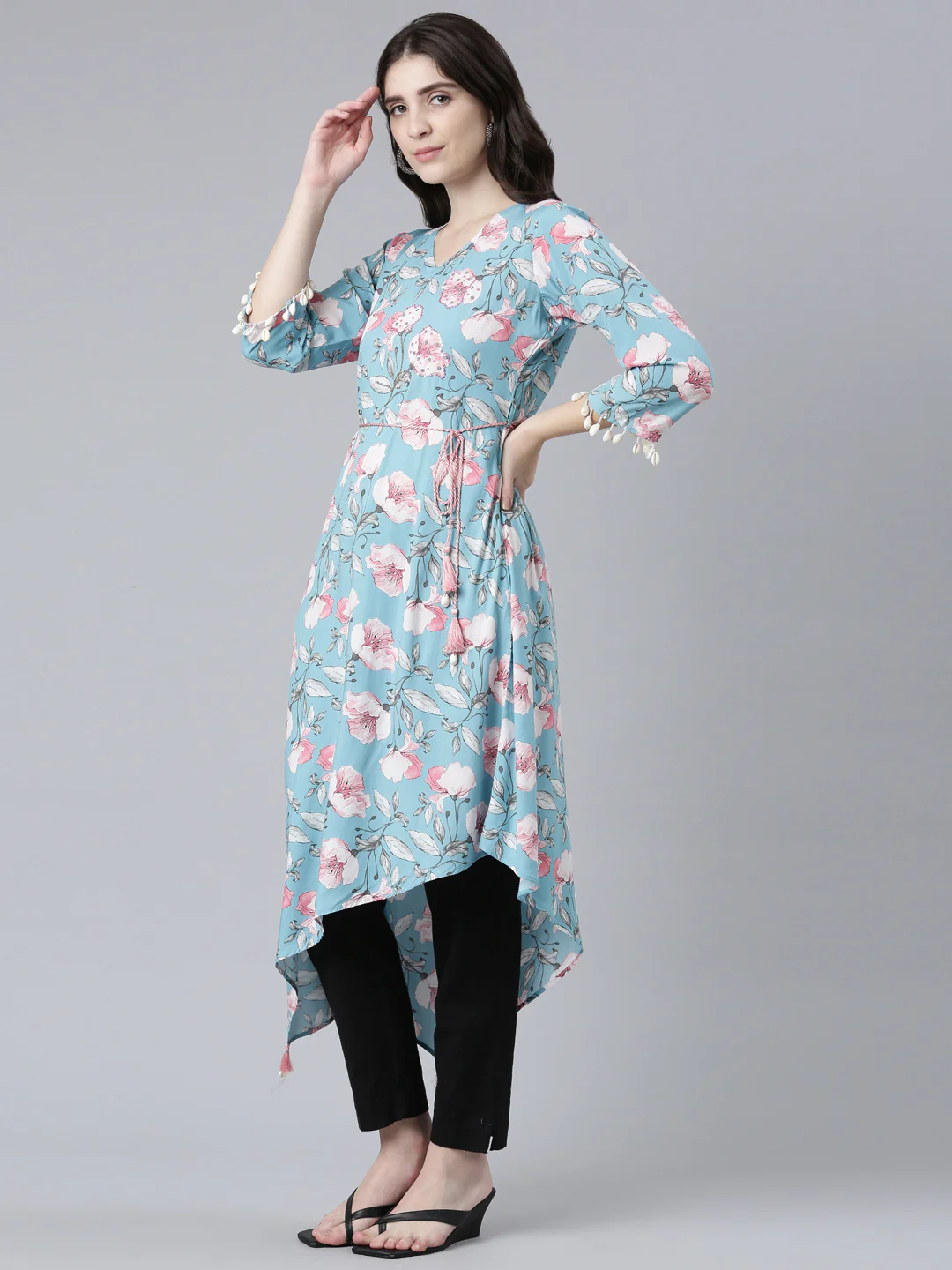 Neerus Blue High-Low Casual Printed Dress - Image 2
