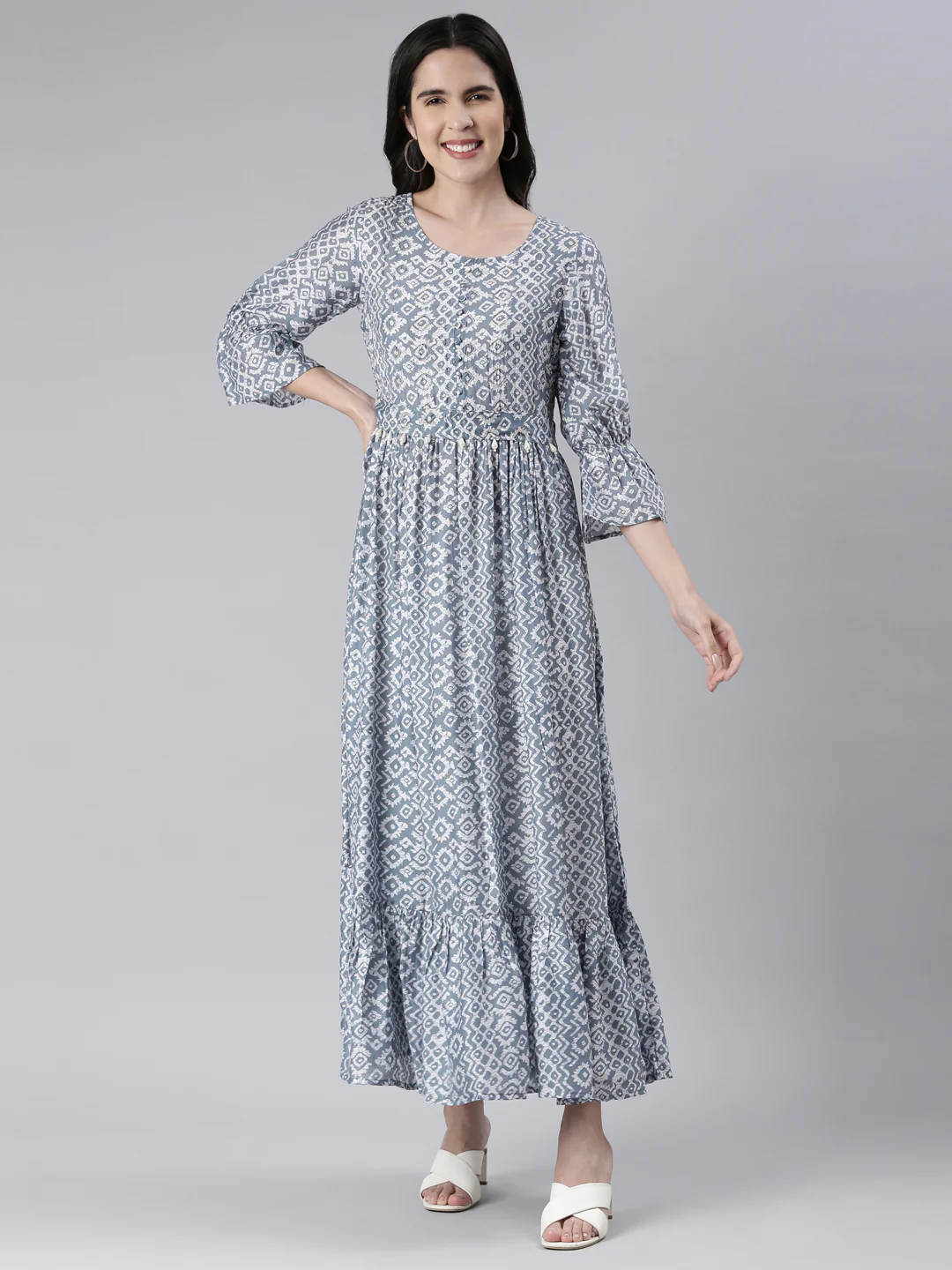 Neerus Blue Maxi Casual Printed Dresses - Image 7