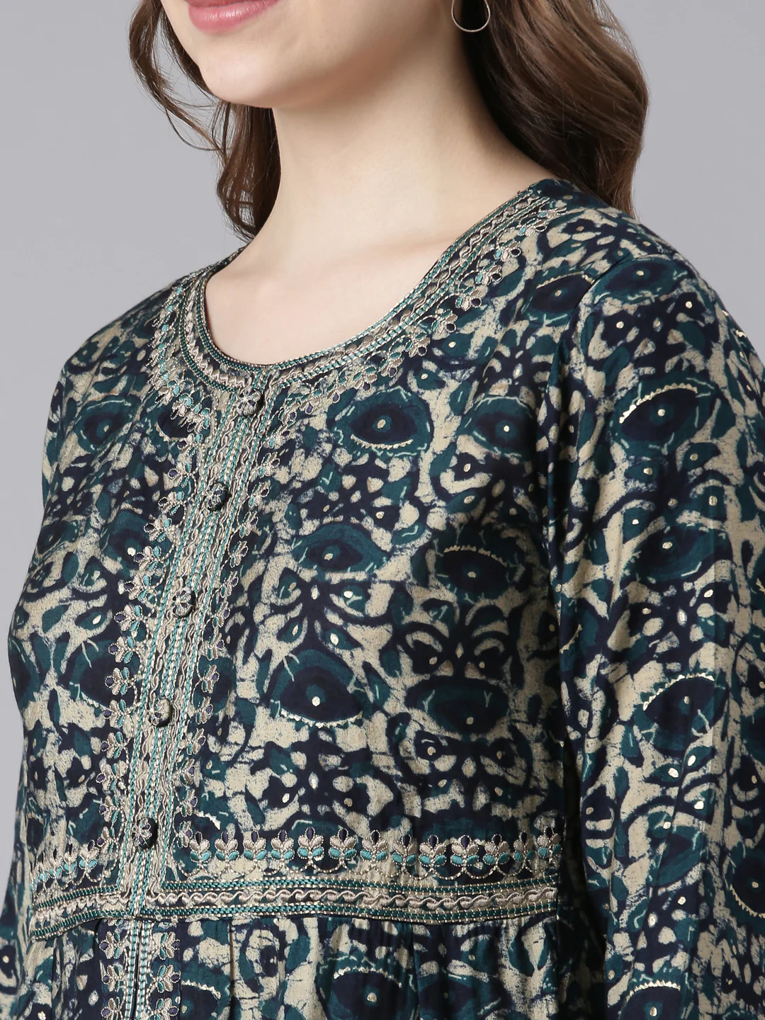 Neerus Blue Model Curved Casual Floral Kurta and Trouser with Dupatta - Image 5