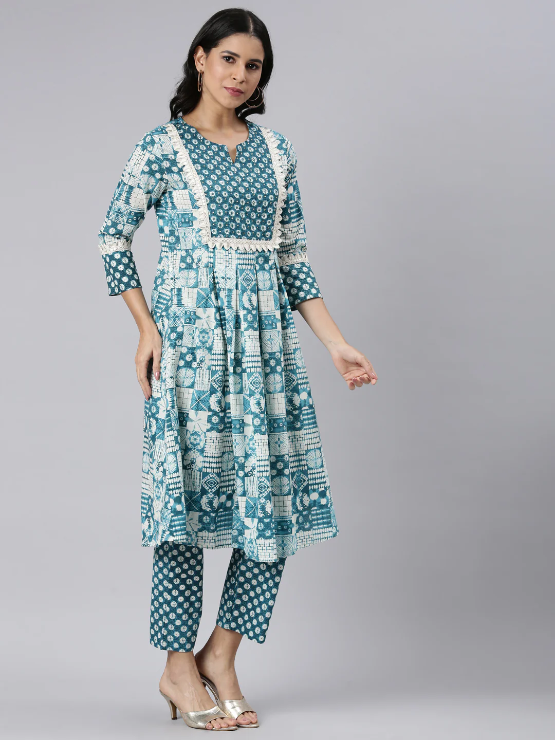 Neerus Blue Panelled Curved Printed Kurta and Trousers With Dupatta - Image 2