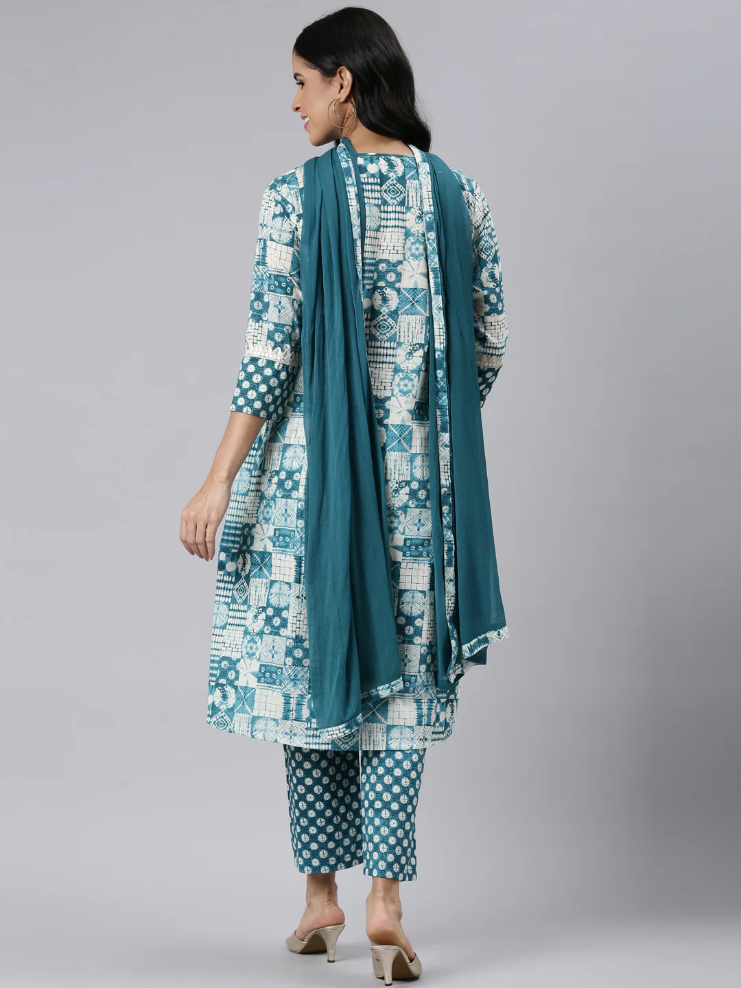 Neerus Blue Panelled Curved Printed Kurta and Trousers With Dupatta - Image 3
