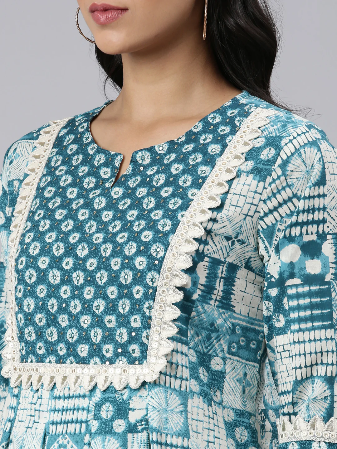 Neerus Blue Panelled Curved Printed Kurta and Trousers With Dupatta - Image 4