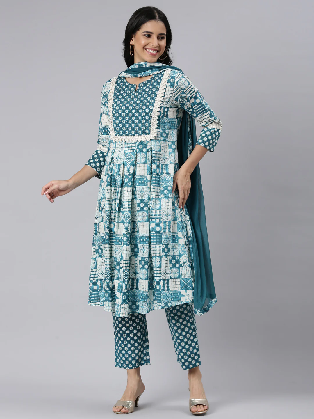Neerus Blue Panelled Curved Printed Kurta and Trousers With Dupatta - Image 5
