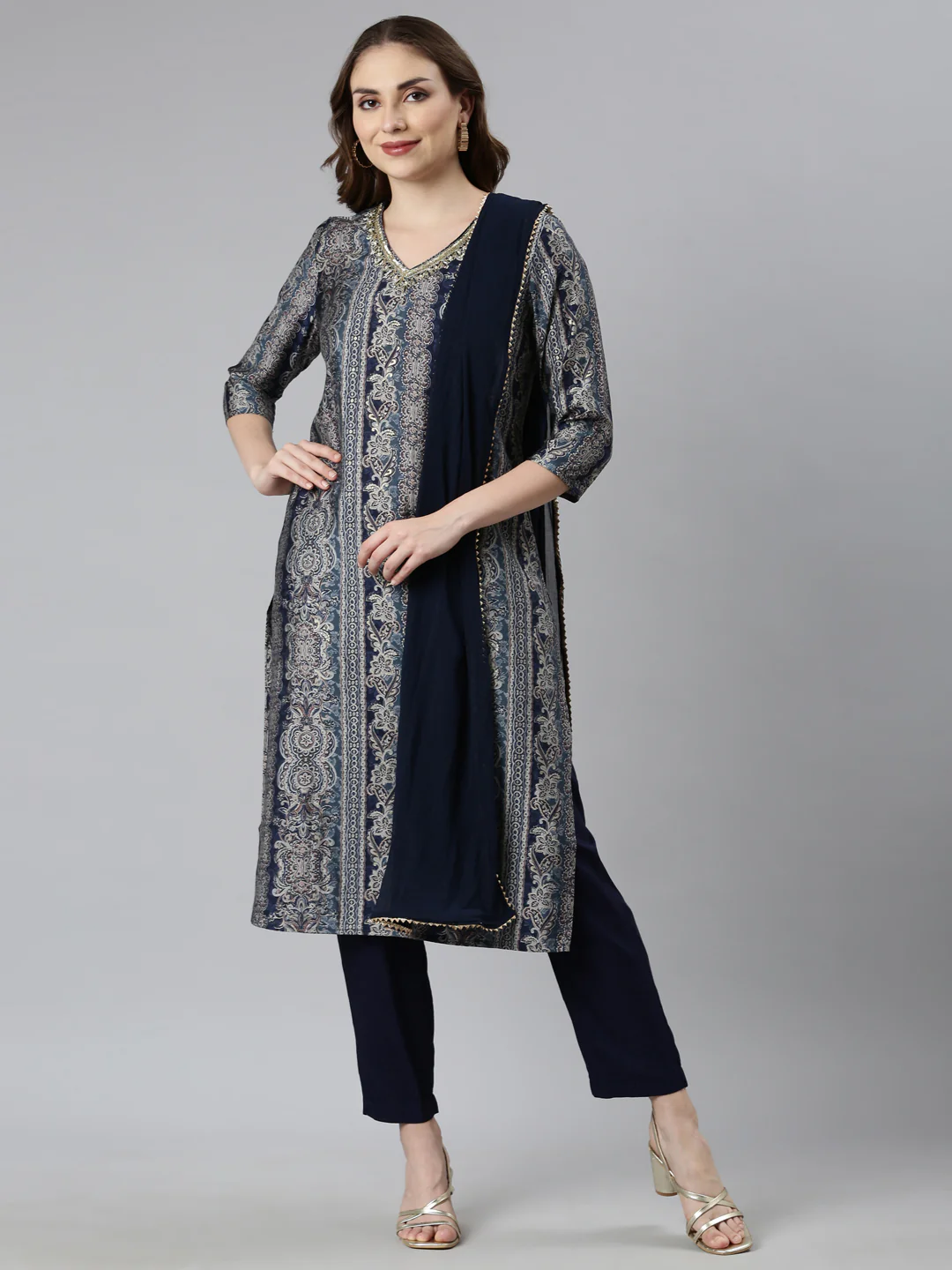 Neerus Blue Panelled Straight Chevron Kurta And Trousers With Dupatta
