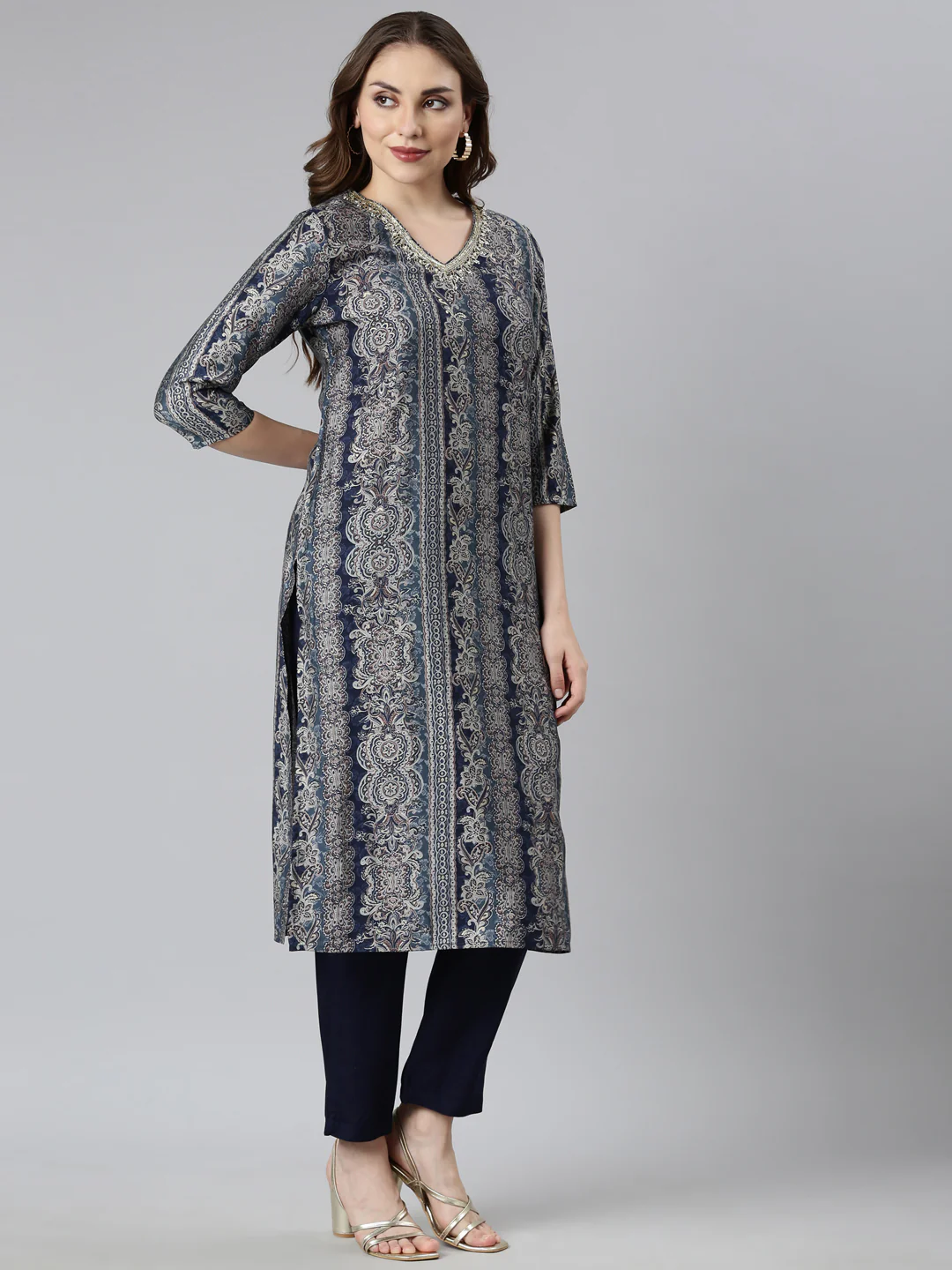 Neerus Blue Panelled Straight Chevron Kurta And Trousers With Dupatta - Image 2