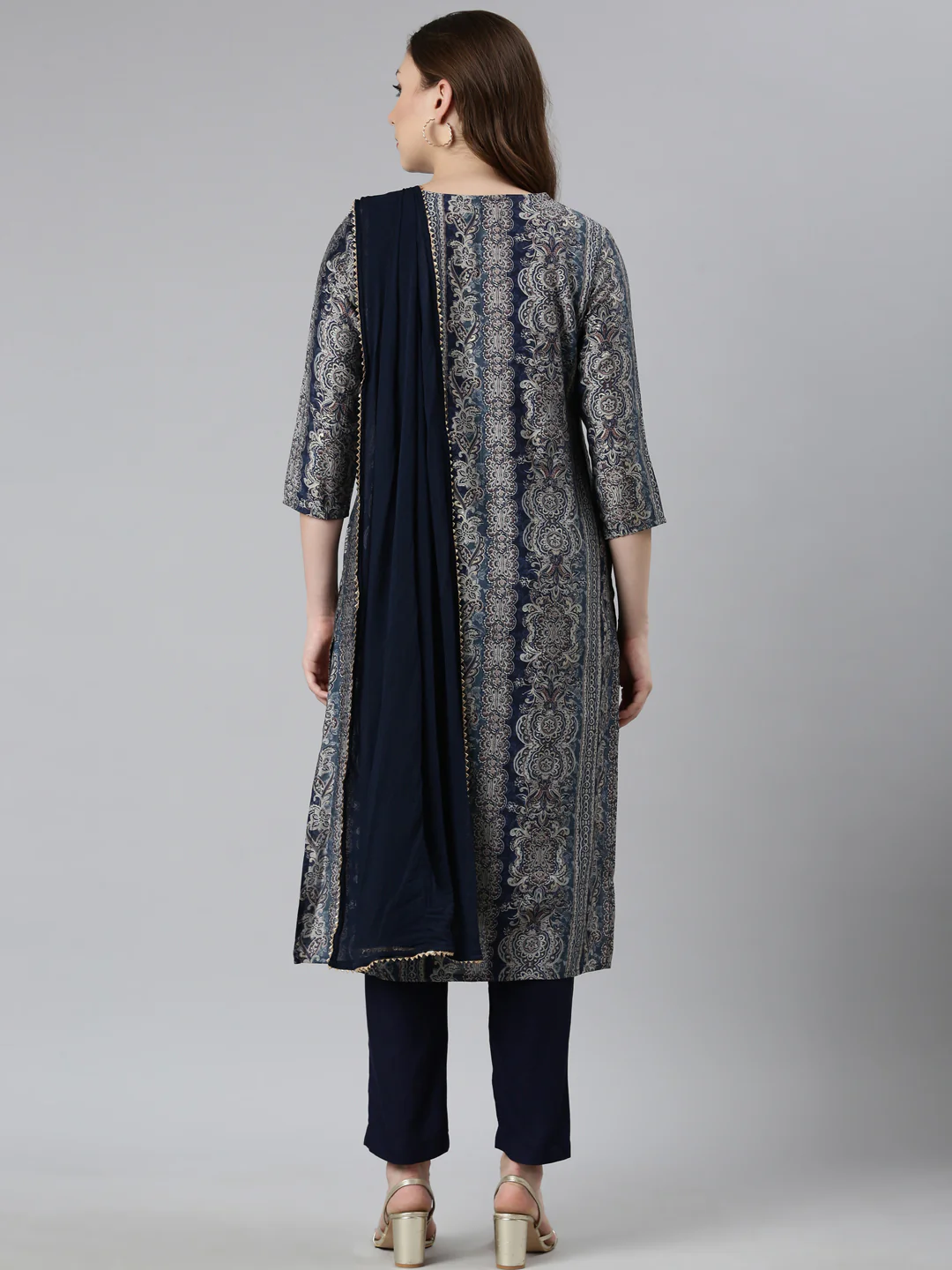 Neerus Blue Panelled Straight Chevron Kurta And Trousers With Dupatta - Image 3