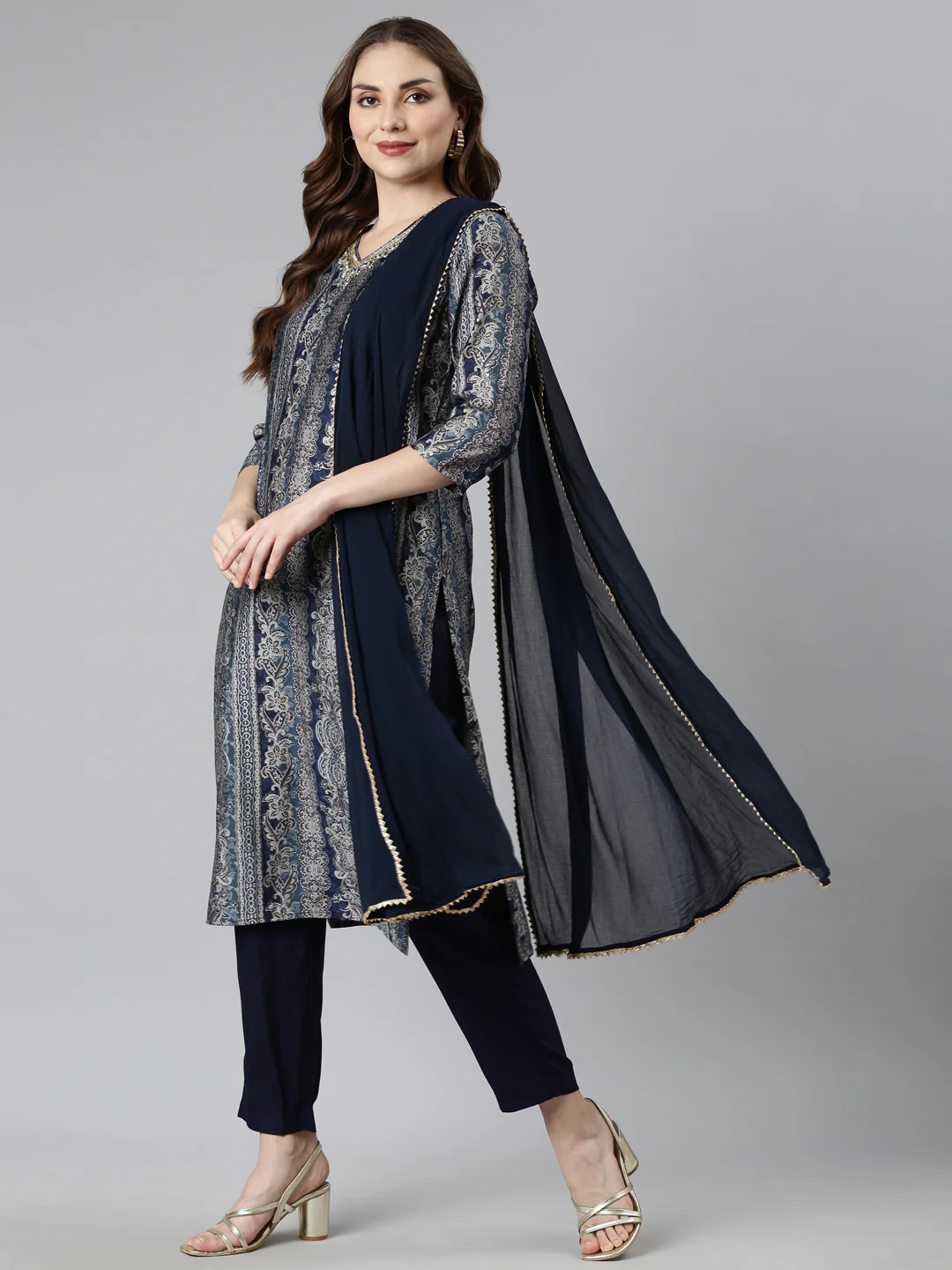 Neerus Blue Panelled Straight Chevron Kurta And Trousers With Dupatta - Image 5