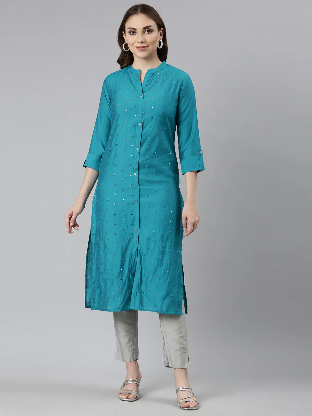 Neerus Blue Panelled Straight Embellished Kurta