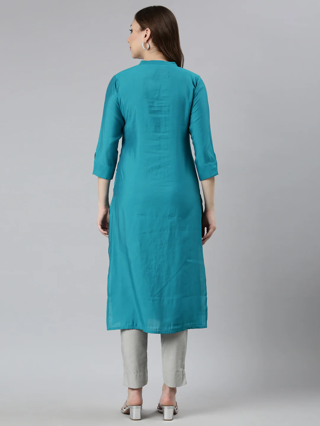 Neerus Blue Panelled Straight Embellished Kurta - Image 3