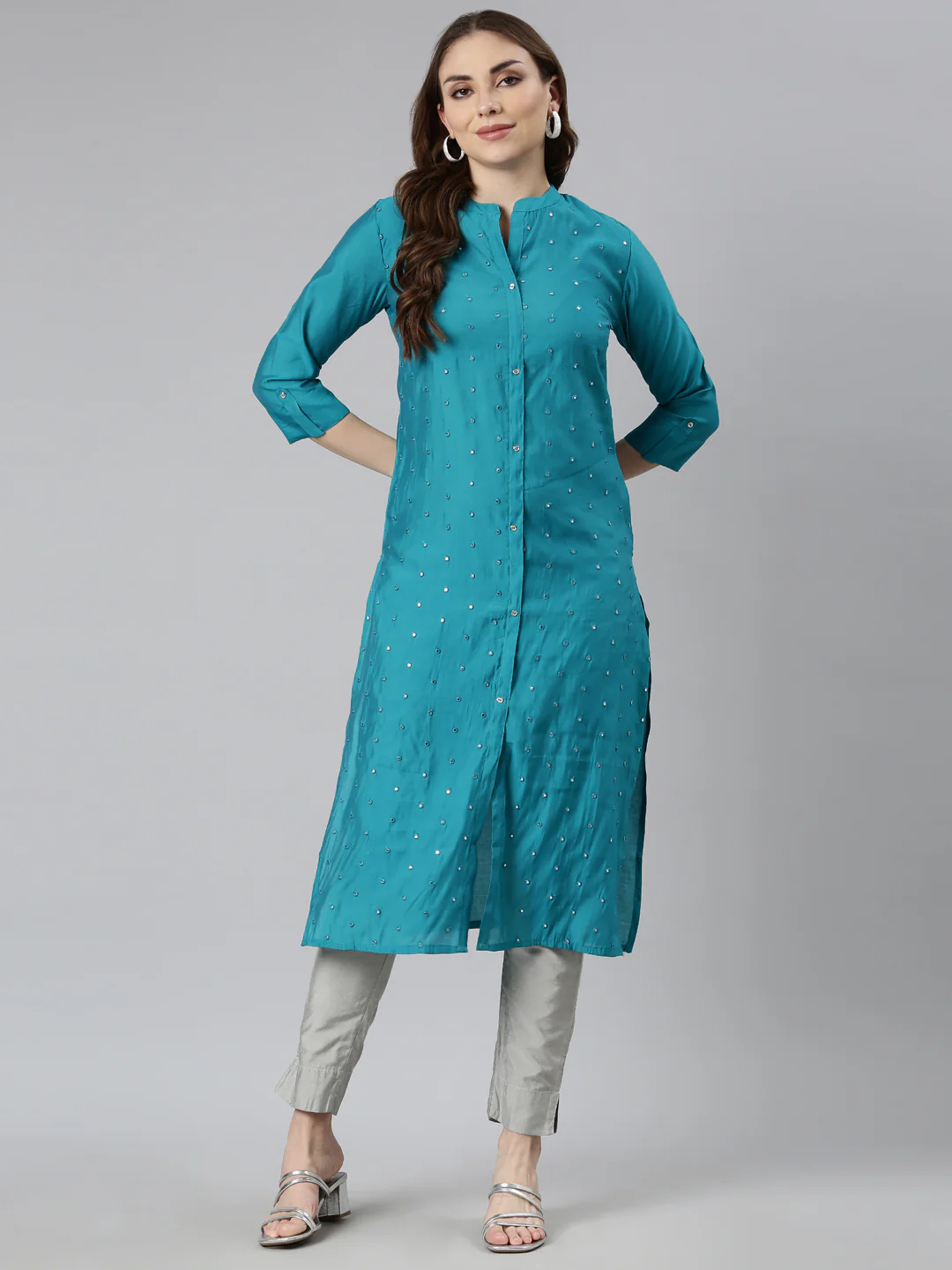 Neerus Blue Panelled Straight Embellished Kurta - Image 4