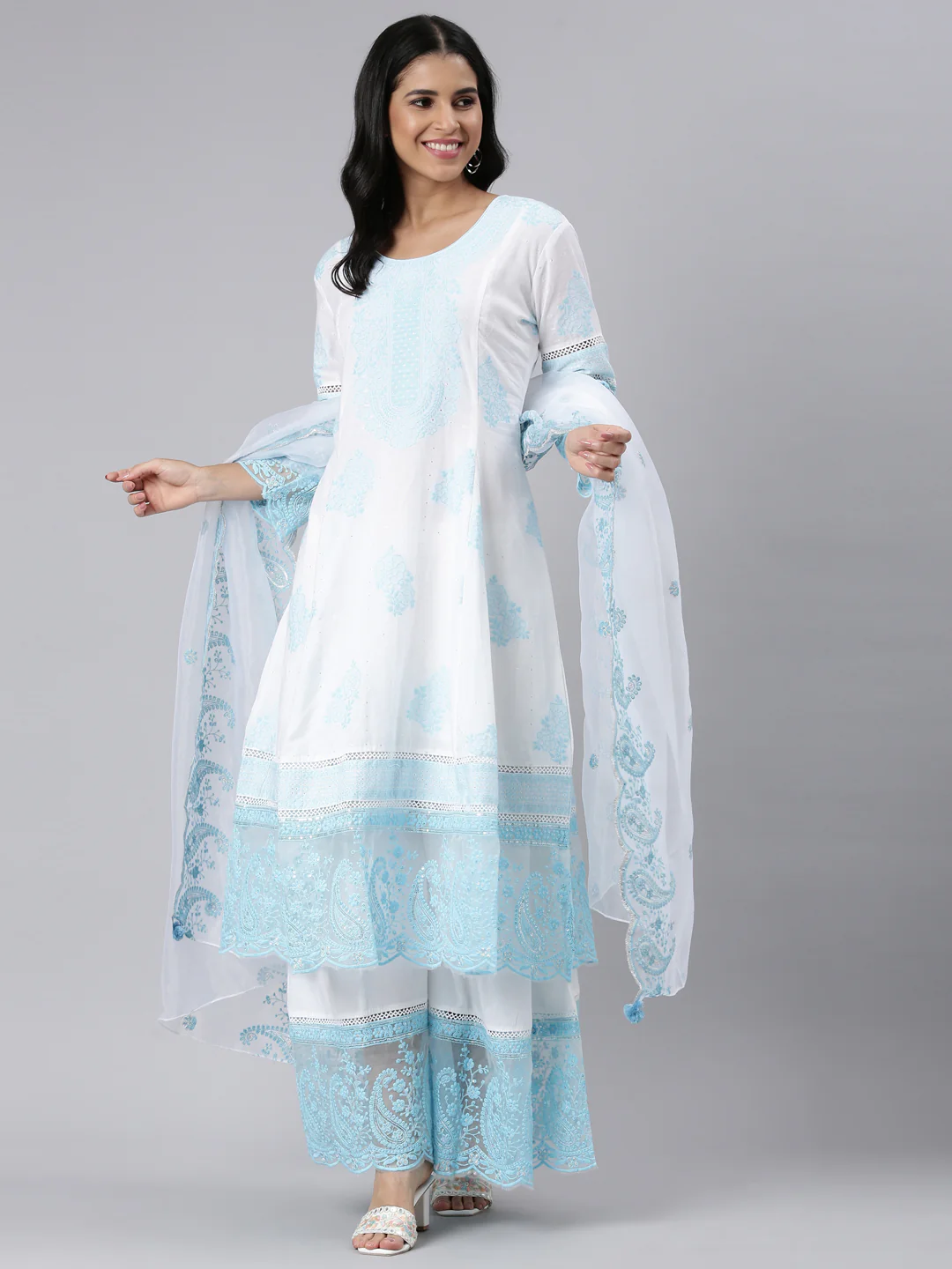Neerus Blue Panelled Straight Embroidered Kurta and Palazzos With Dupatta - Image 5