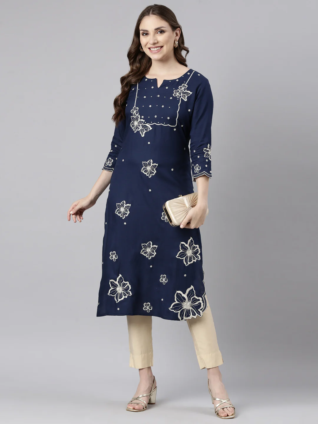 Neerus Blue Panelled Straight Floral Kurta - Image 5