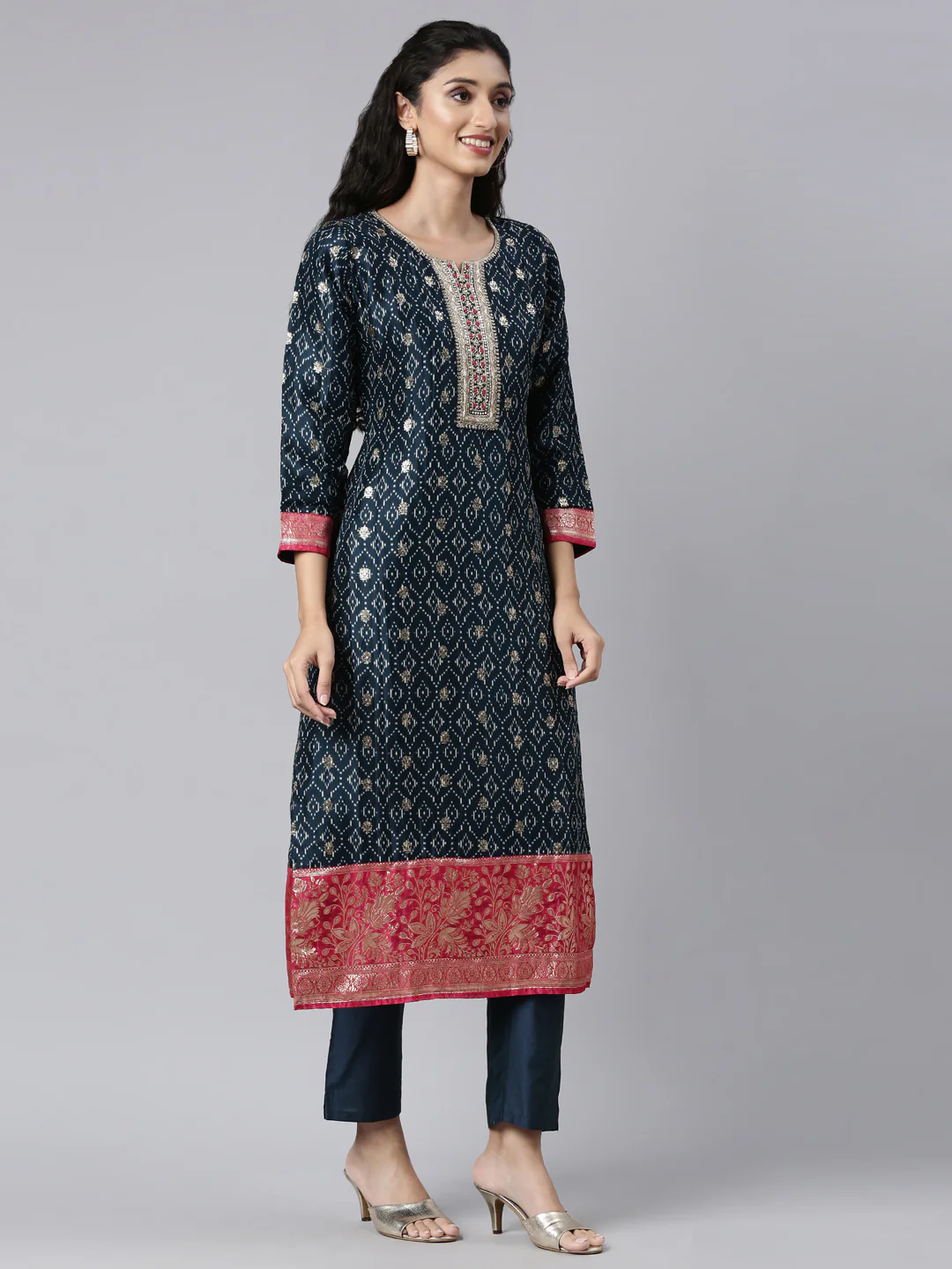 Neerus Blue Panelled Straight Kurta and Trousers With Dupatta - Image 2
