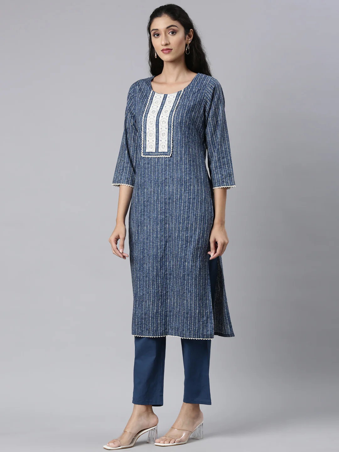 Neerus Blue Panelled Straight Kurta and Trousers With Dupatta - Image 2