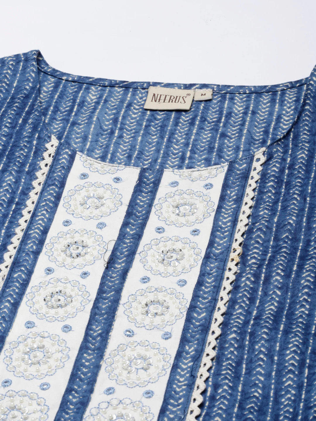 Neerus Blue Panelled Straight Kurta and Trousers With Dupatta - Image 4