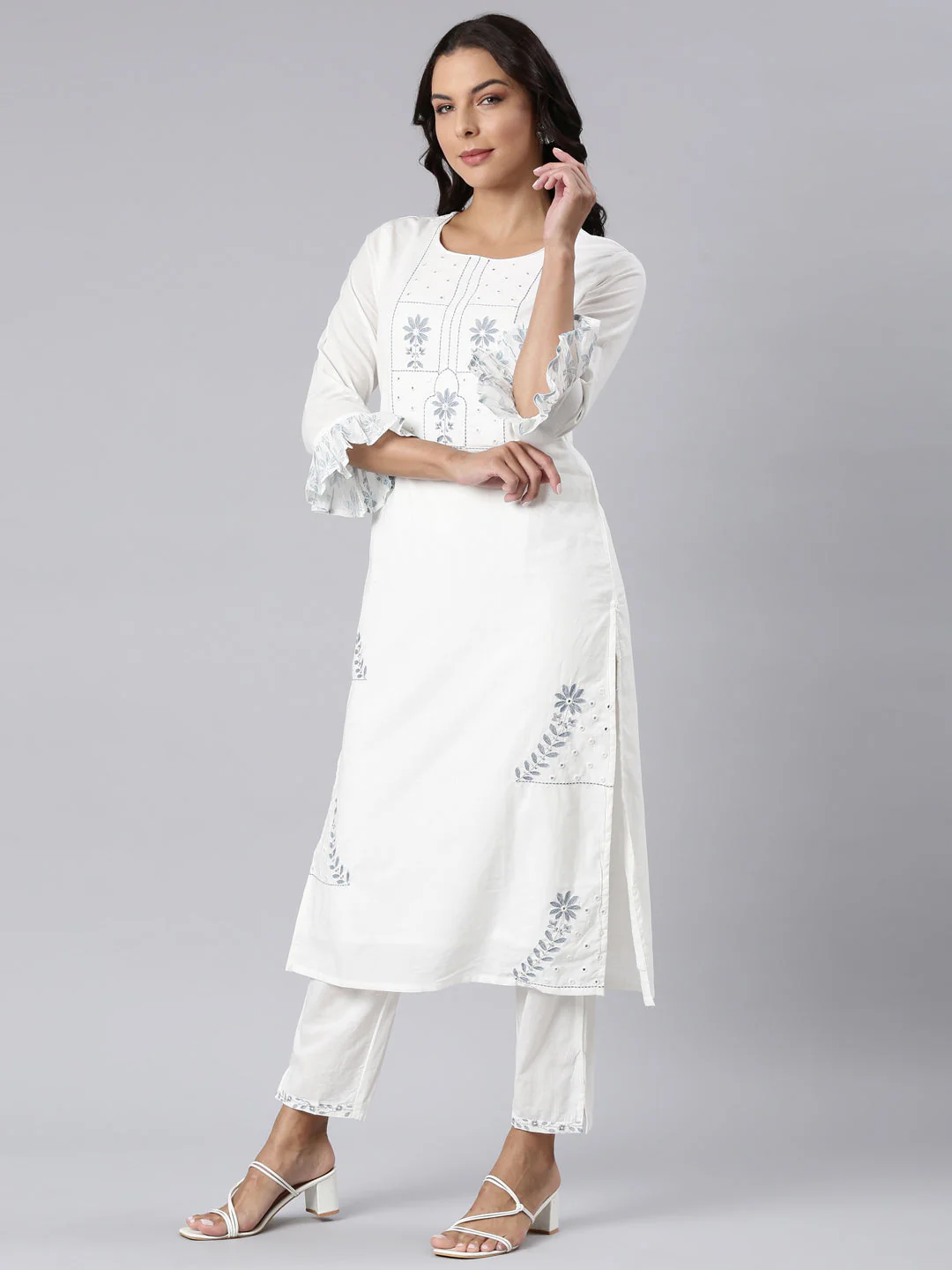 Neerus Blue Panelled Straight Printed Kurta And Trousers With Dupatta - Image 2