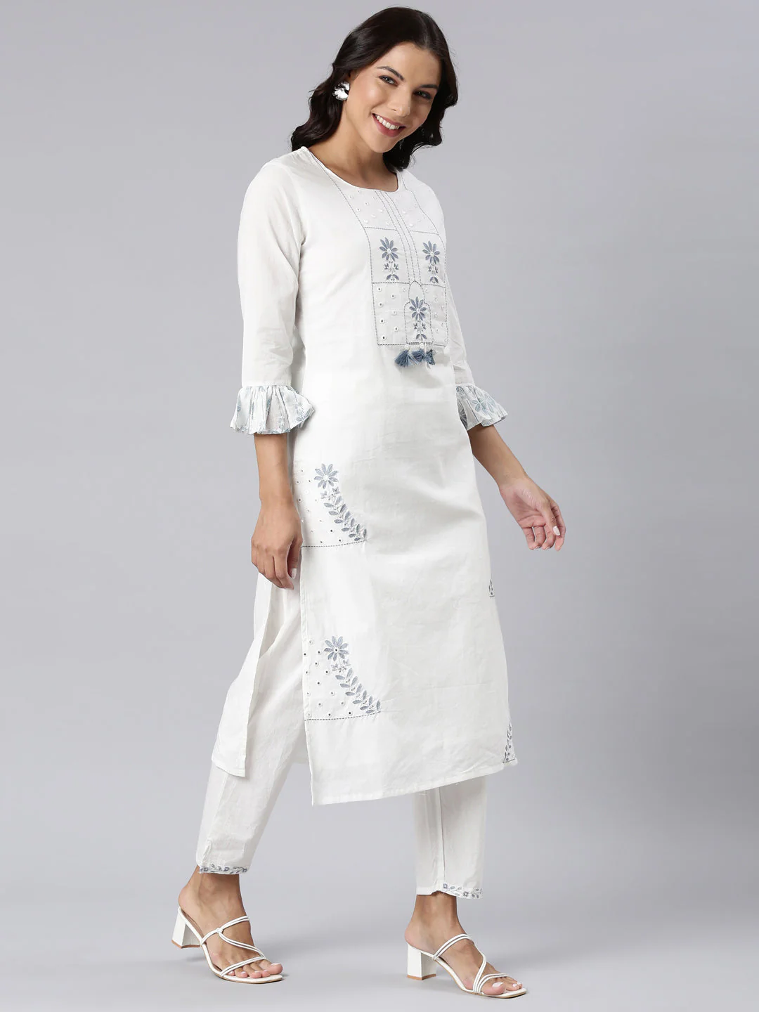 Neerus Blue Panelled Straight Printed Kurta And Trousers With Dupatta - Image 3