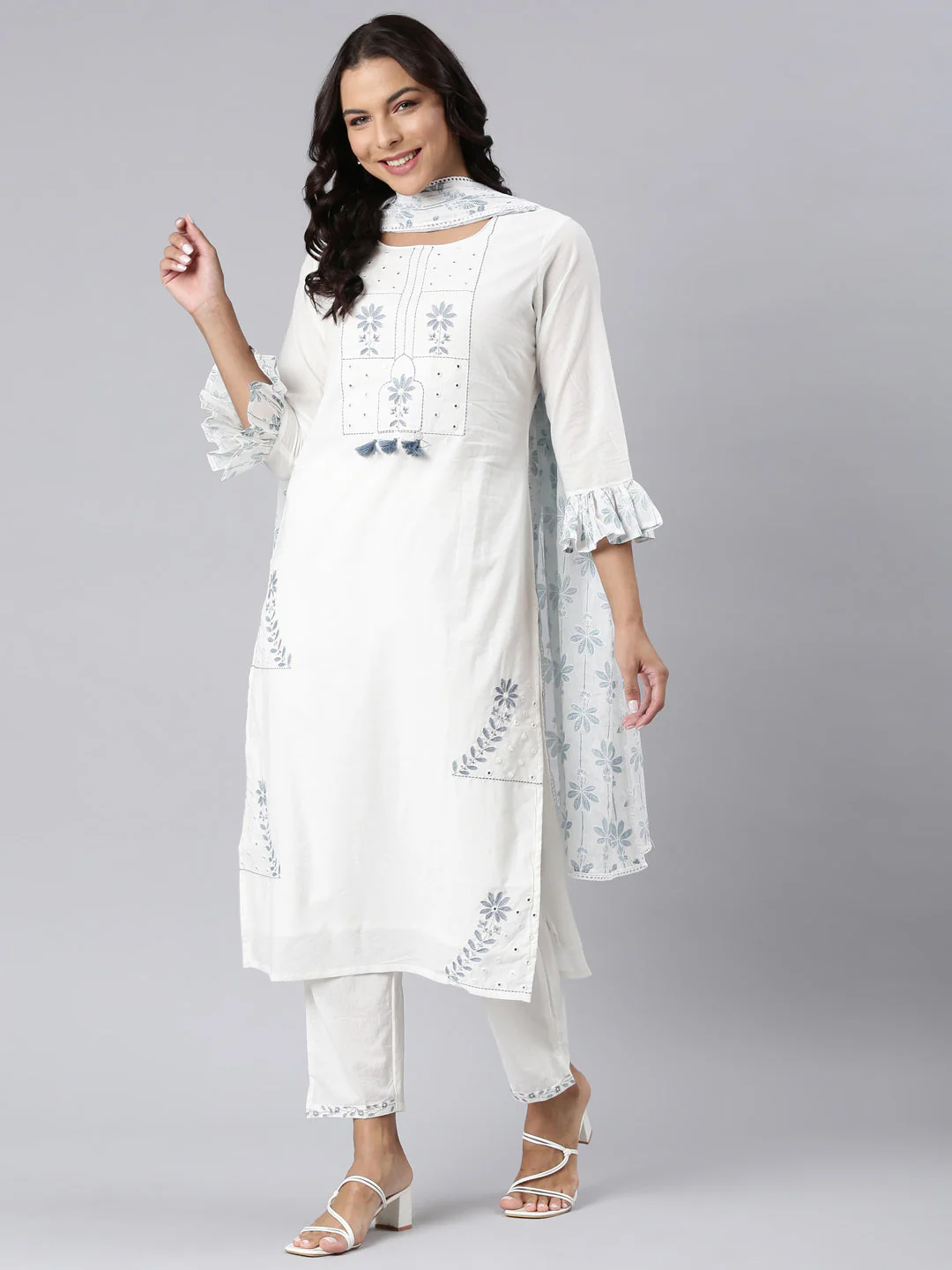 Neerus Blue Panelled Straight Printed Kurta And Trousers With Dupatta - Image 6
