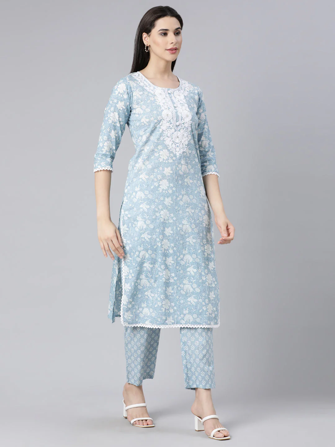 Neerus Blue Panelled Straight Printed Kurta And Trousers With Dupatta - Image 3
