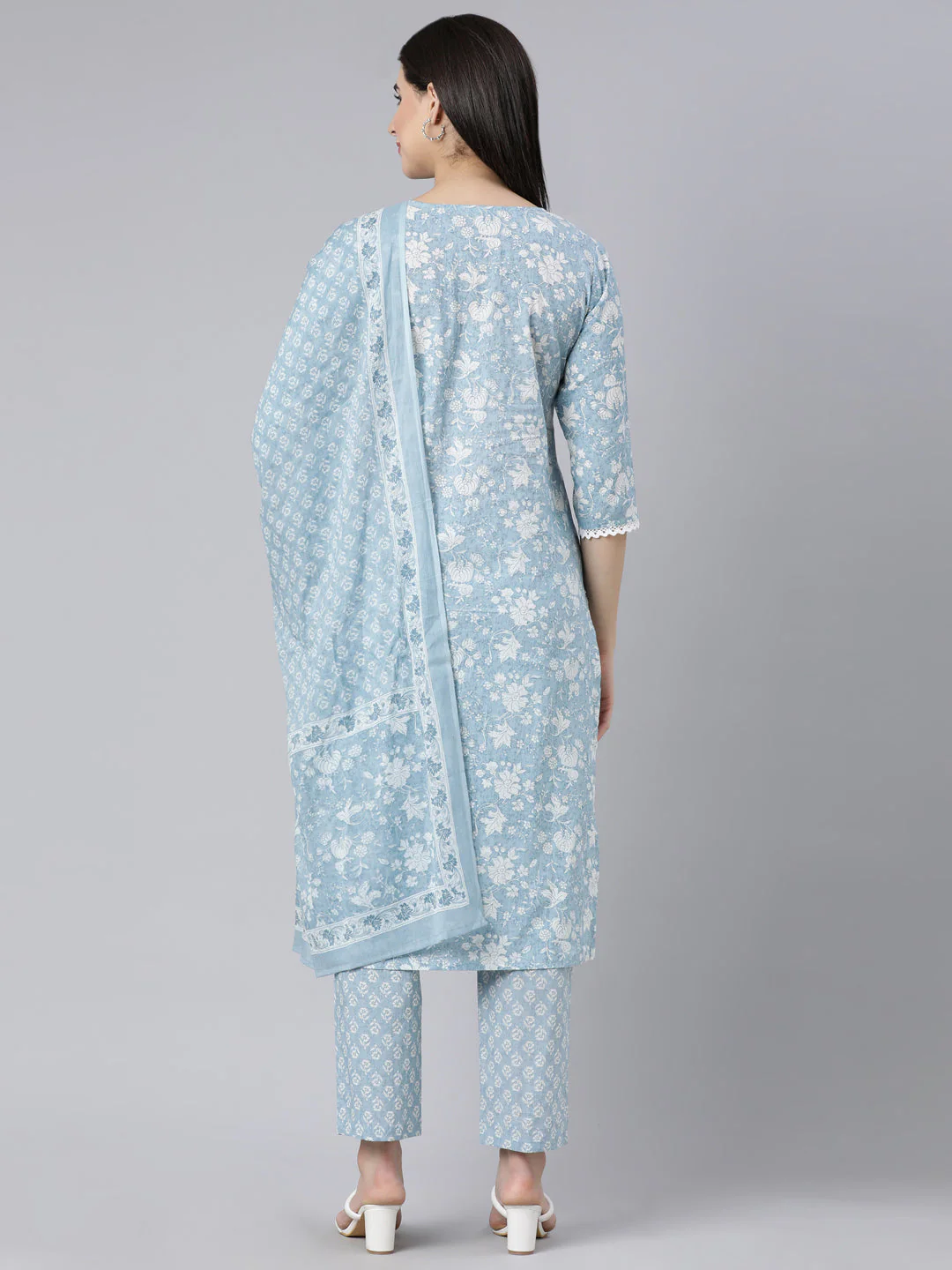 Neerus Blue Panelled Straight Printed Kurta And Trousers With Dupatta - Image 4