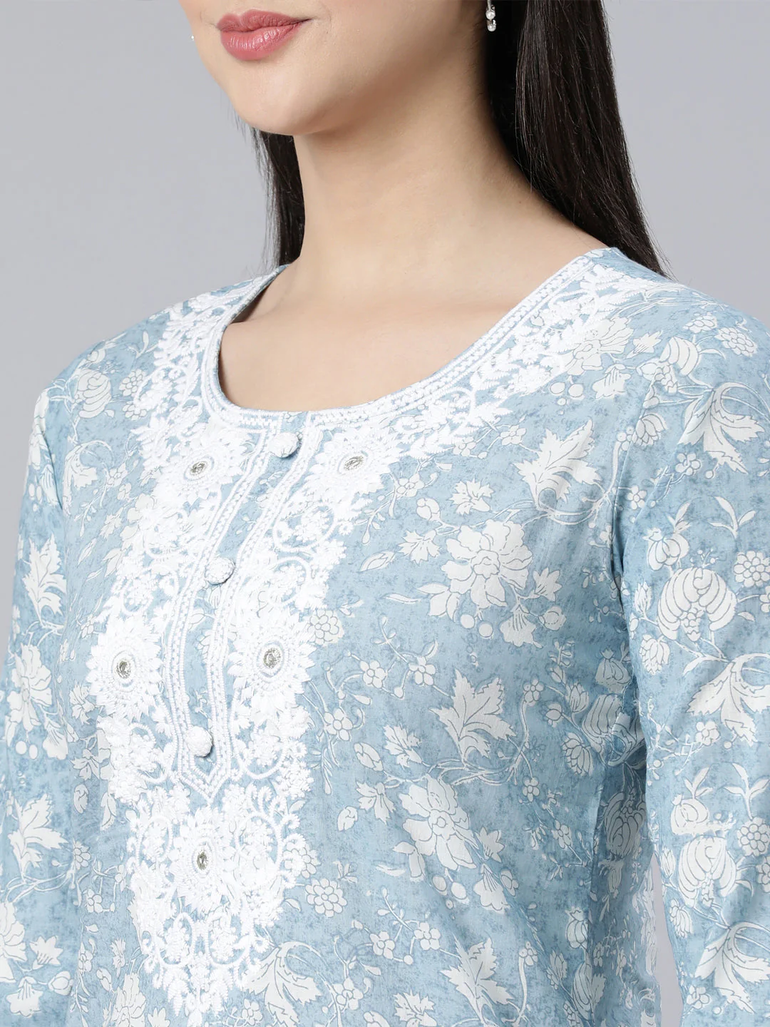 Neerus Blue Panelled Straight Printed Kurta And Trousers With Dupatta - Image 5