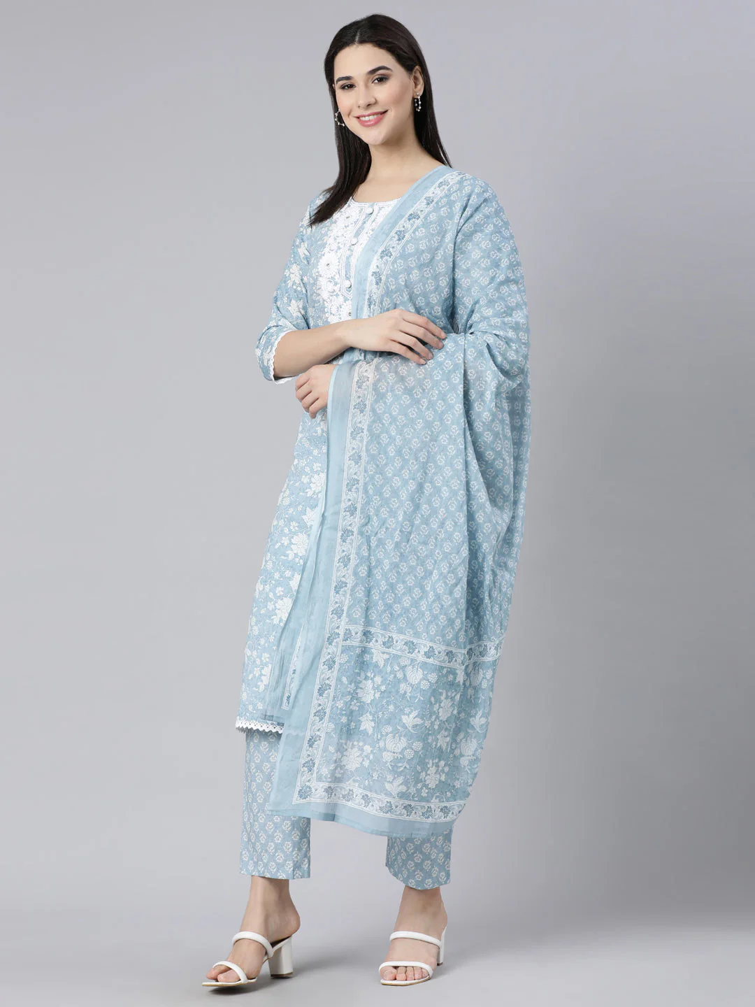 Neerus Blue Panelled Straight Printed Kurta And Trousers With Dupatta - Image 6