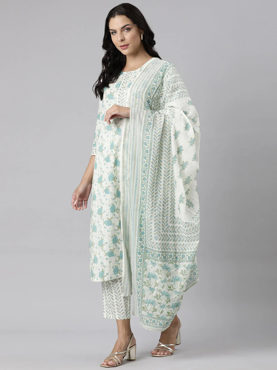 Neerus Blue Panelled Straight Printed Kurta And Trousers With Dupatta - Image 6