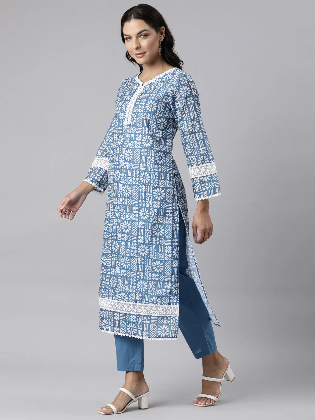 Neerus Blue Panelled Straight Printed Kurta And Trousers With Dupatta - Image 2