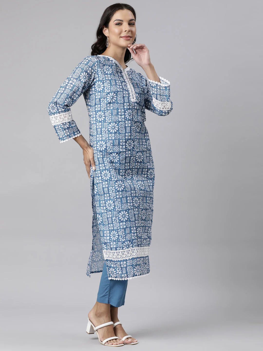 Neerus Blue Panelled Straight Printed Kurta And Trousers With Dupatta - Image 3