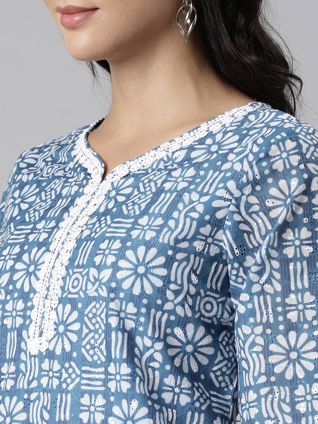 Neerus Blue Panelled Straight Printed Kurta And Trousers With Dupatta - Image 5