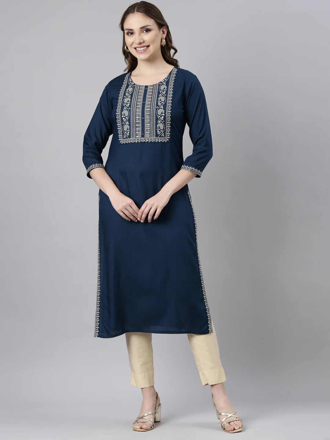 Neerus Blue Panelled Straight Solid Kurta