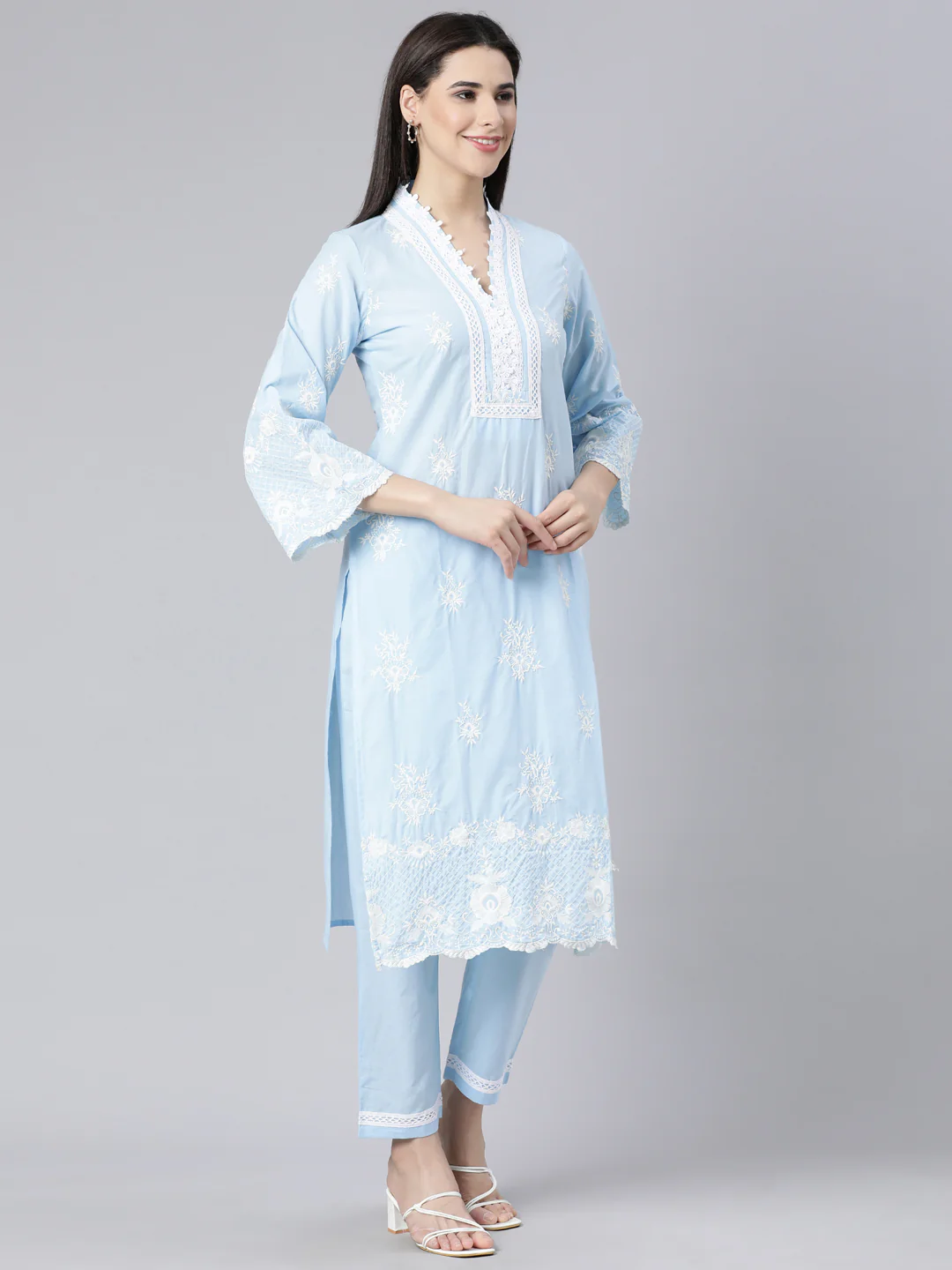 Neerus Blue Panelled Straight Yoke Design Kurta And Trousers With Dupatta - Image 3