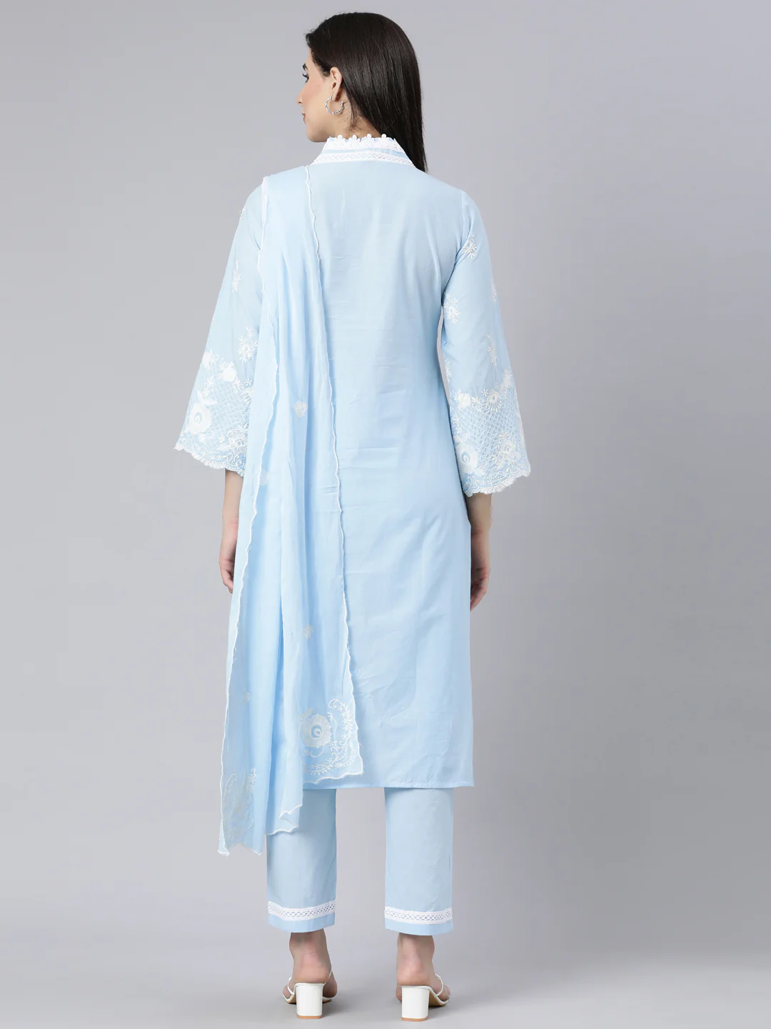 Neerus Blue Panelled Straight Yoke Design Kurta And Trousers With Dupatta - Image 4