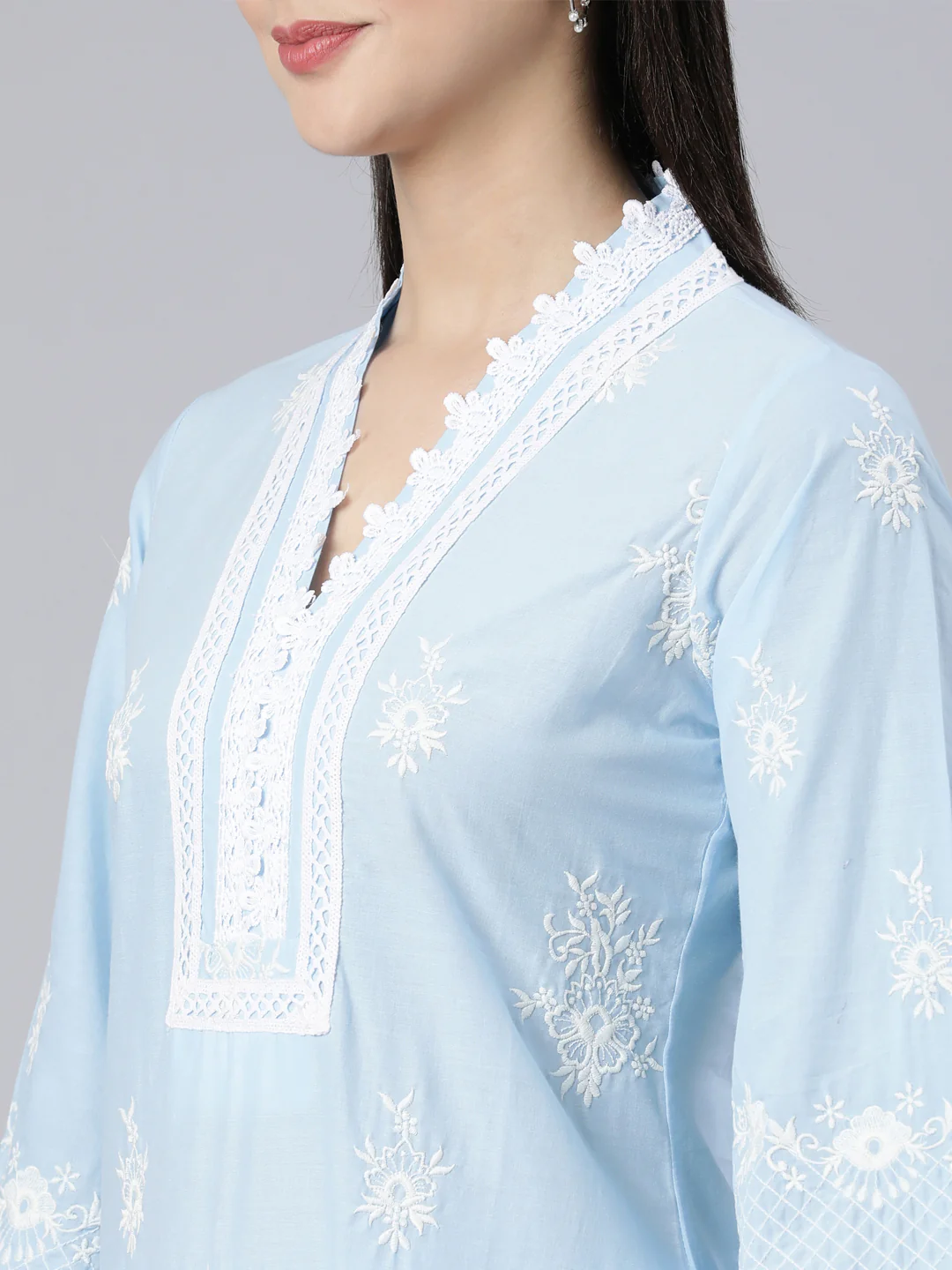 Neerus Blue Panelled Straight Yoke Design Kurta And Trousers With Dupatta - Image 5