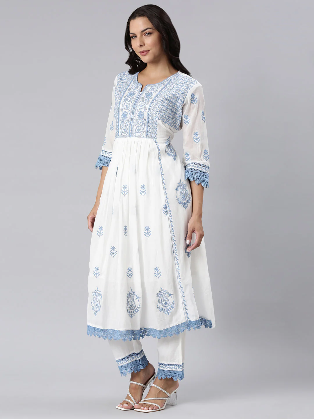 Neerus Blue Panelled Yoke Design Kurta And Trousers With Dupatta - Image 2