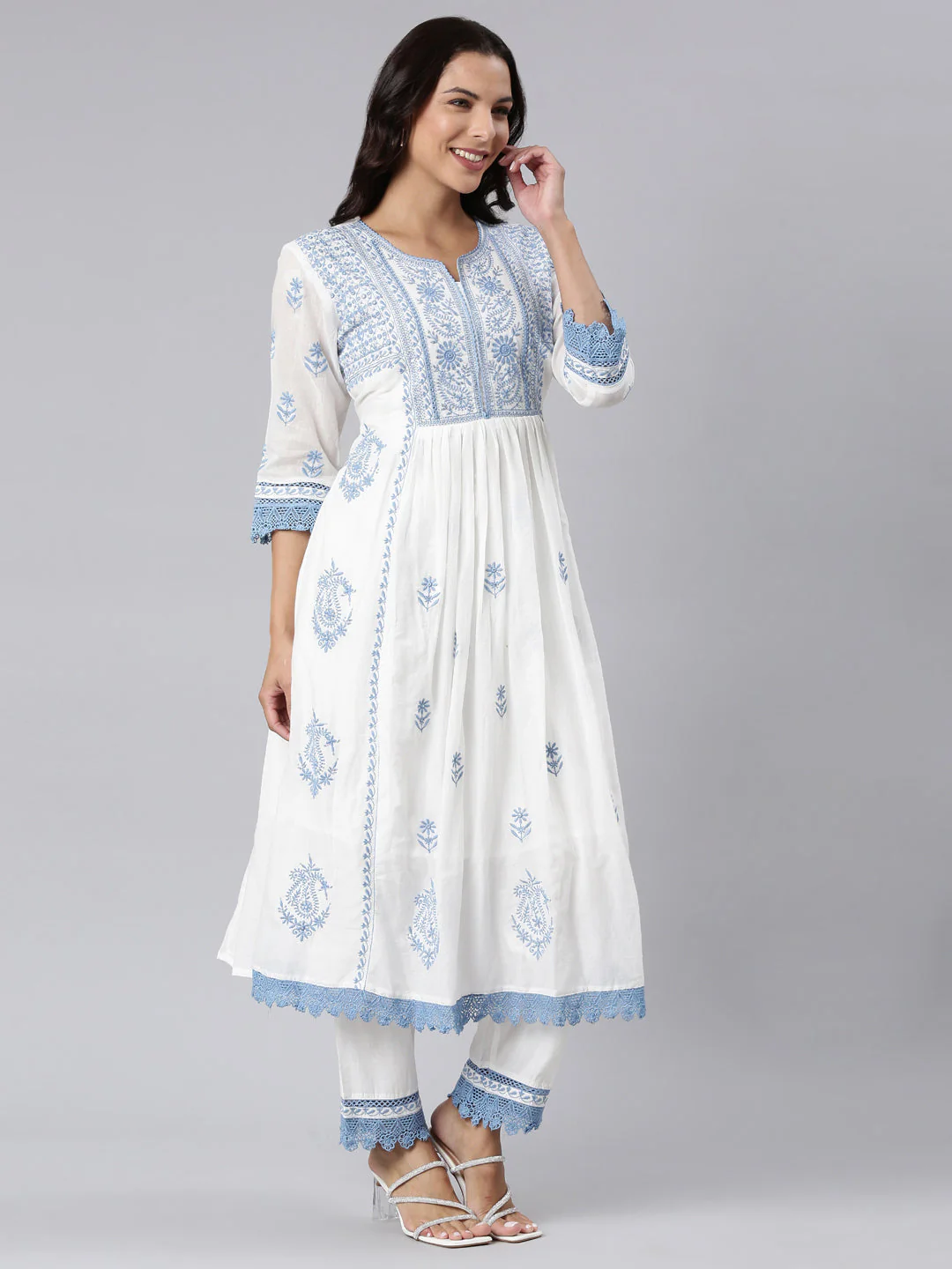Neerus Blue Panelled Yoke Design Kurta And Trousers With Dupatta - Image 3