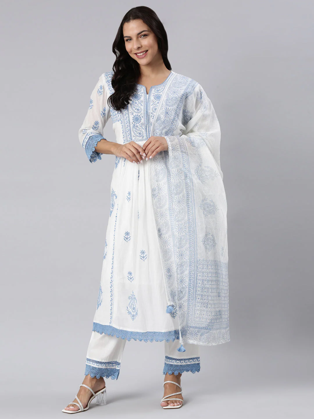 Neerus Blue Panelled Yoke Design Kurta And Trousers With Dupatta - Image 6