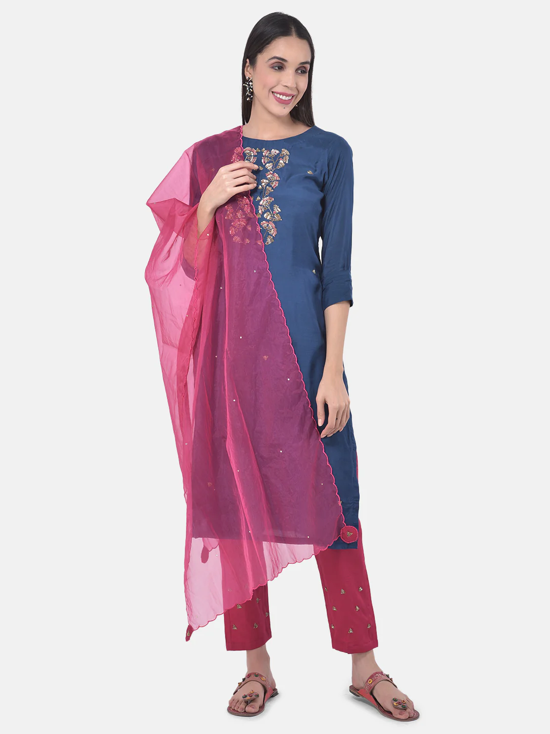 Neerus Blue & Pink Embellished Kurta With Pant & Dupatta