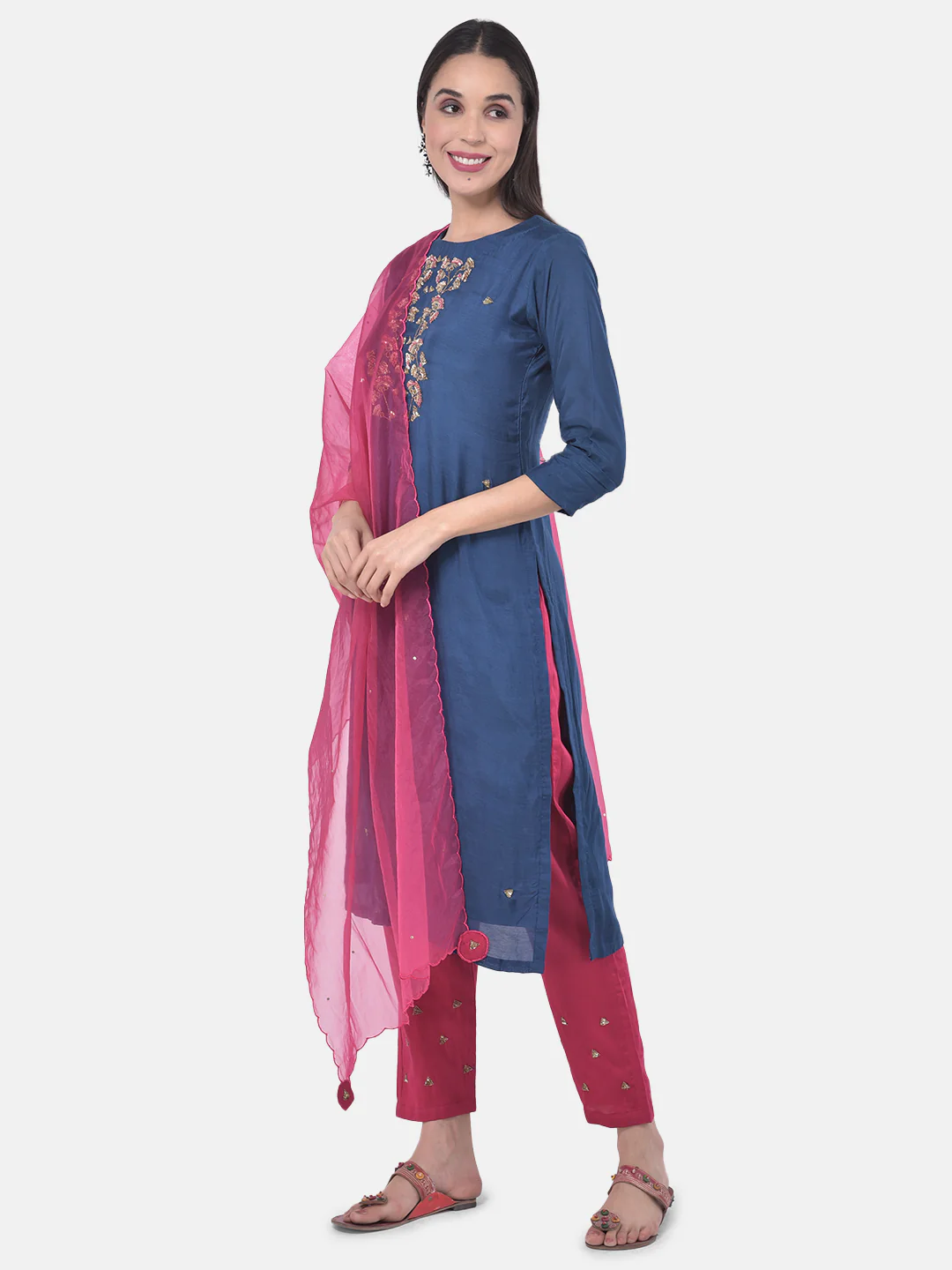 Neerus Blue & Pink Embellished Kurta With Pant & Dupatta - Image 3