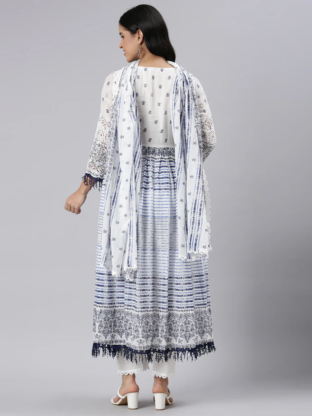 Neerus Blue Pleated Curved Printed Kurta and Trousers With Dupatta - Image 3
