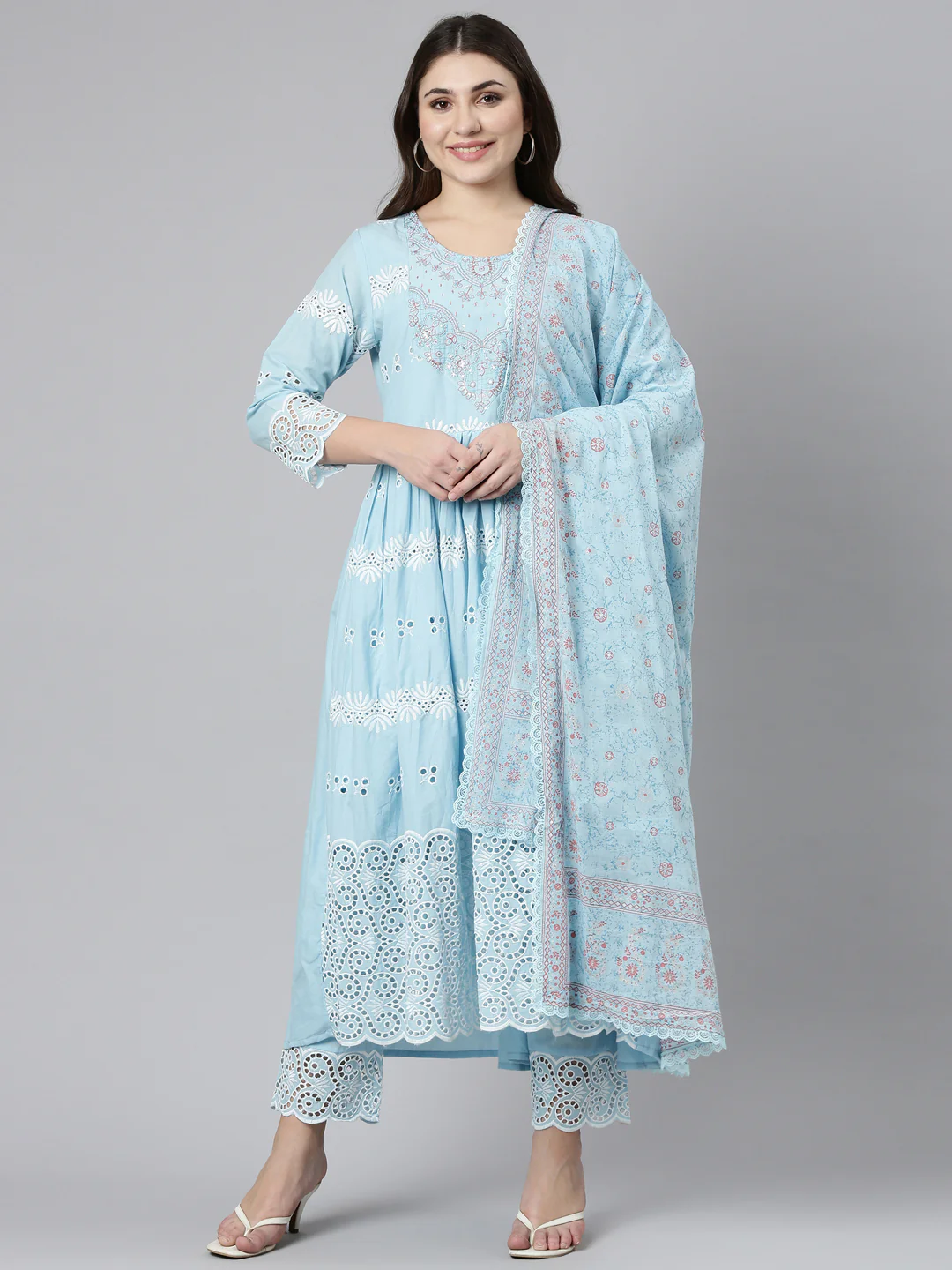 Neerus Blue Pleated Straight Embroidered Readymade Suits